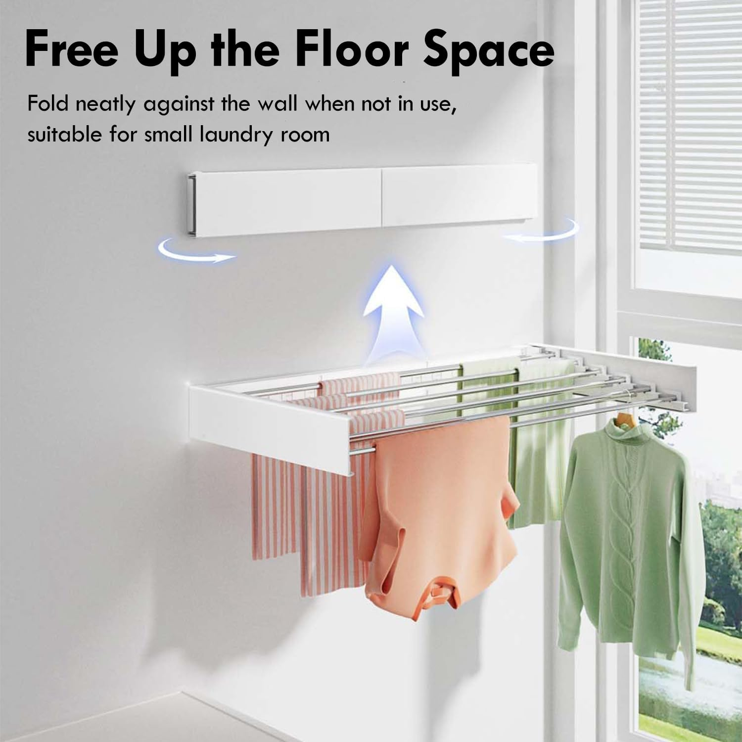 Nestcharm Foldable Wall Mounted Drying Rack - Collapsible Laundry Organizer with 5 Stainless Steel Rods, Space Saving Hidden Design & Installation Template for Indoor Use, White 40 Inch (100Cm) image number 1