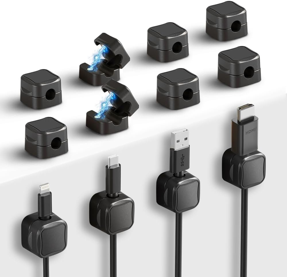 12 Pack Cord Organizer Holder, Magnetic Cable Clips Management, Strong Adhesive Phone Charging Cords Organizer, Hide or Organize Desk Cable Wire for Home,Office,Car,Desk,Nightstand (Black, 12PCS) image number 3