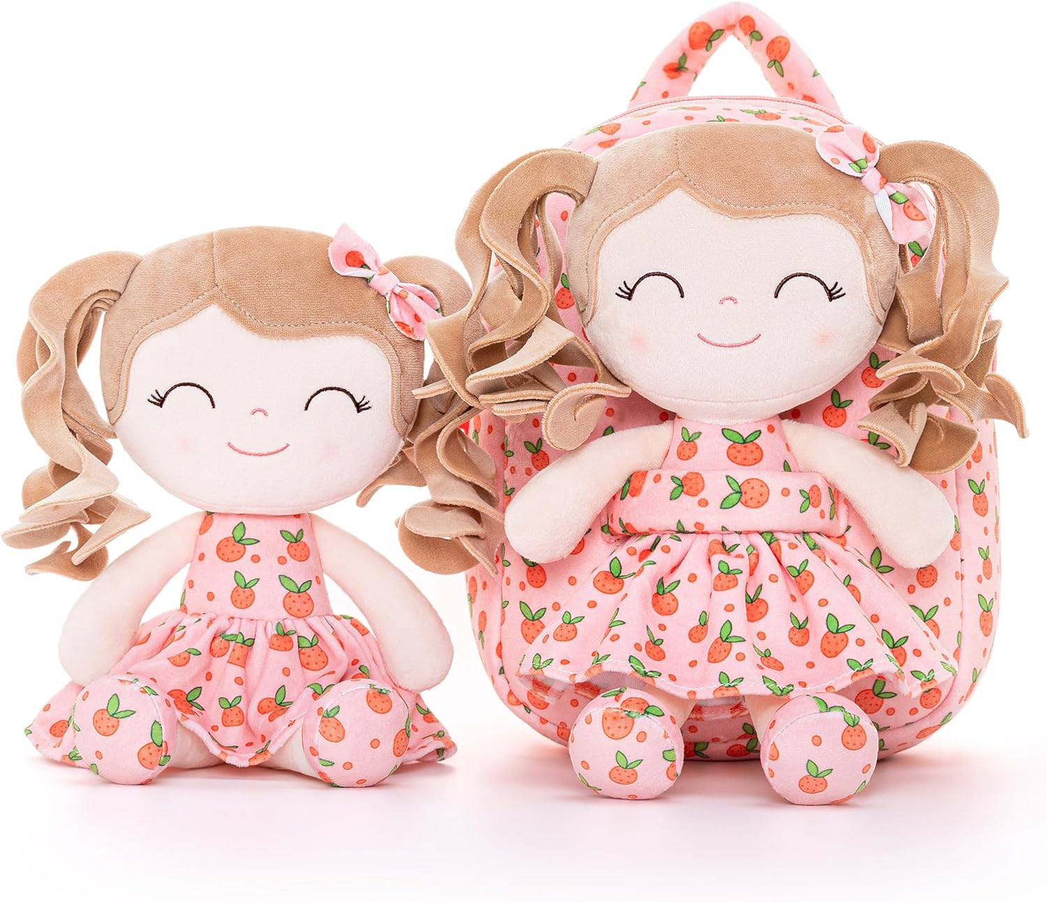 Gloveleya Toddler Backpack Baby Girl Gifts Curly Hair Plush Figures Dress Backpack Kids Backpack Curly Hair Spring Girl Fruit Section-Orange 9Inches - A005 Grapes Backpack image number 2