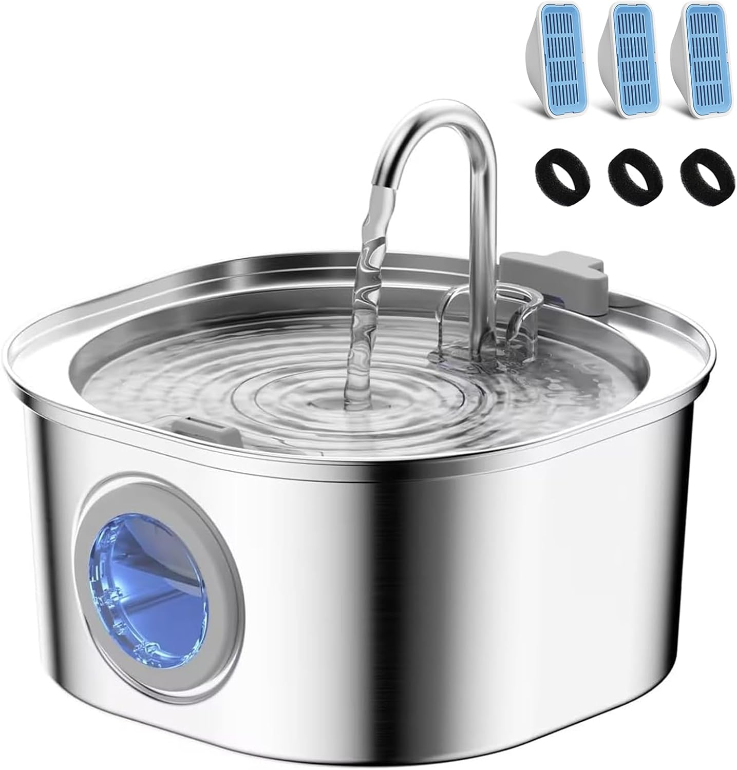 PEKTACO Cat Water Fountain, Pet Water Fountain for Cats/Dogs Indoor, Stainless Steel Cat Drinking Fountains with Water Level Window and 3 Filters + 3 Sponges(3.2L/108Oz) image number 6