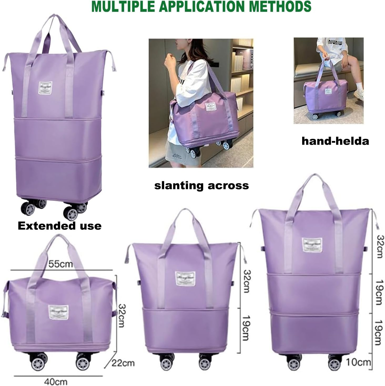 JIUSEGE Expandable Duffle Bag with Wheels &ndash; Folding Weekender Travel Tote Carry-On with Large Storage Space, Luggage Bag for Business Trips, Camping & Fitness (Light Purple) image number 1
