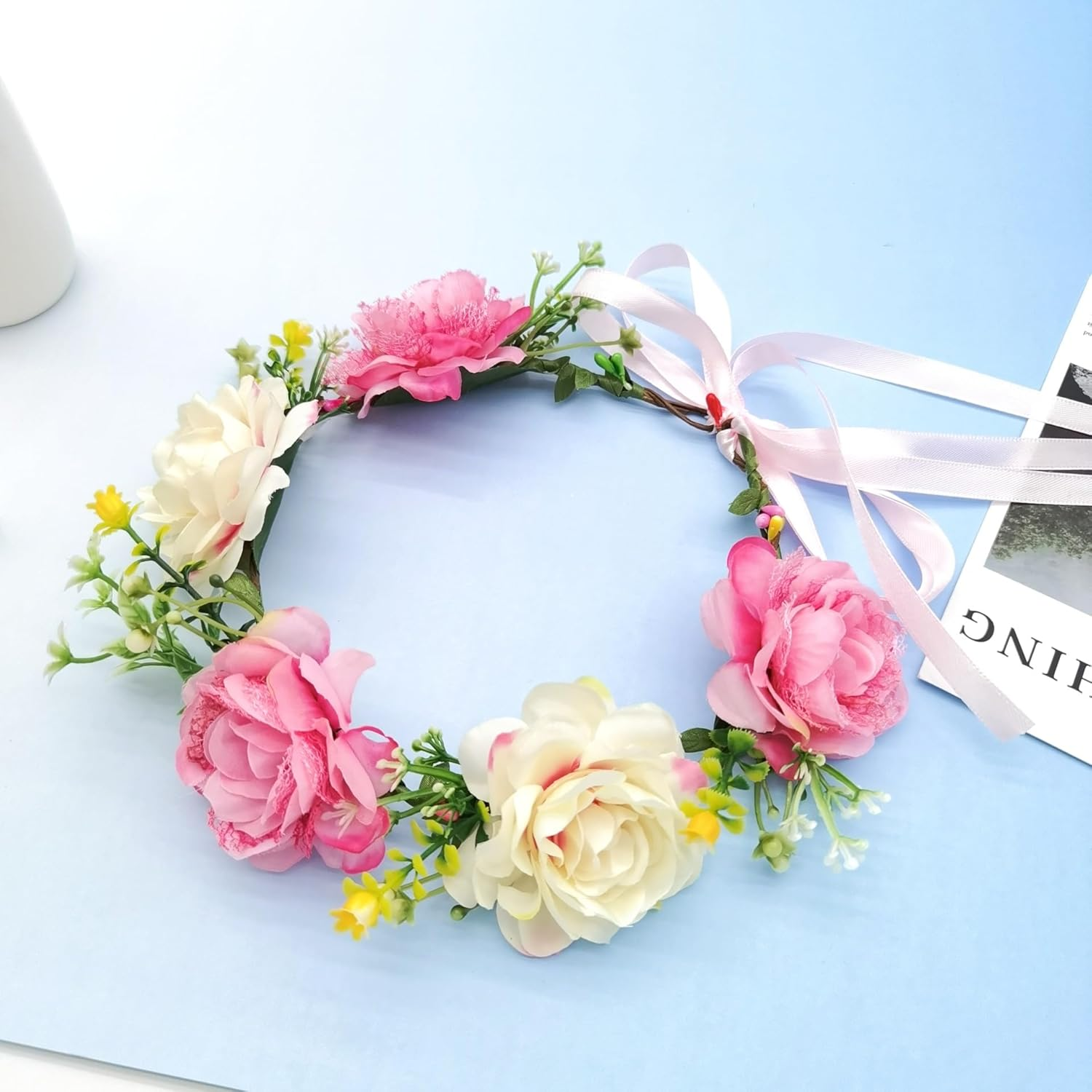 Flower Crown Headband, Delicate Flower Headband Flower Crown with Ribbon for Women Girls image number 1