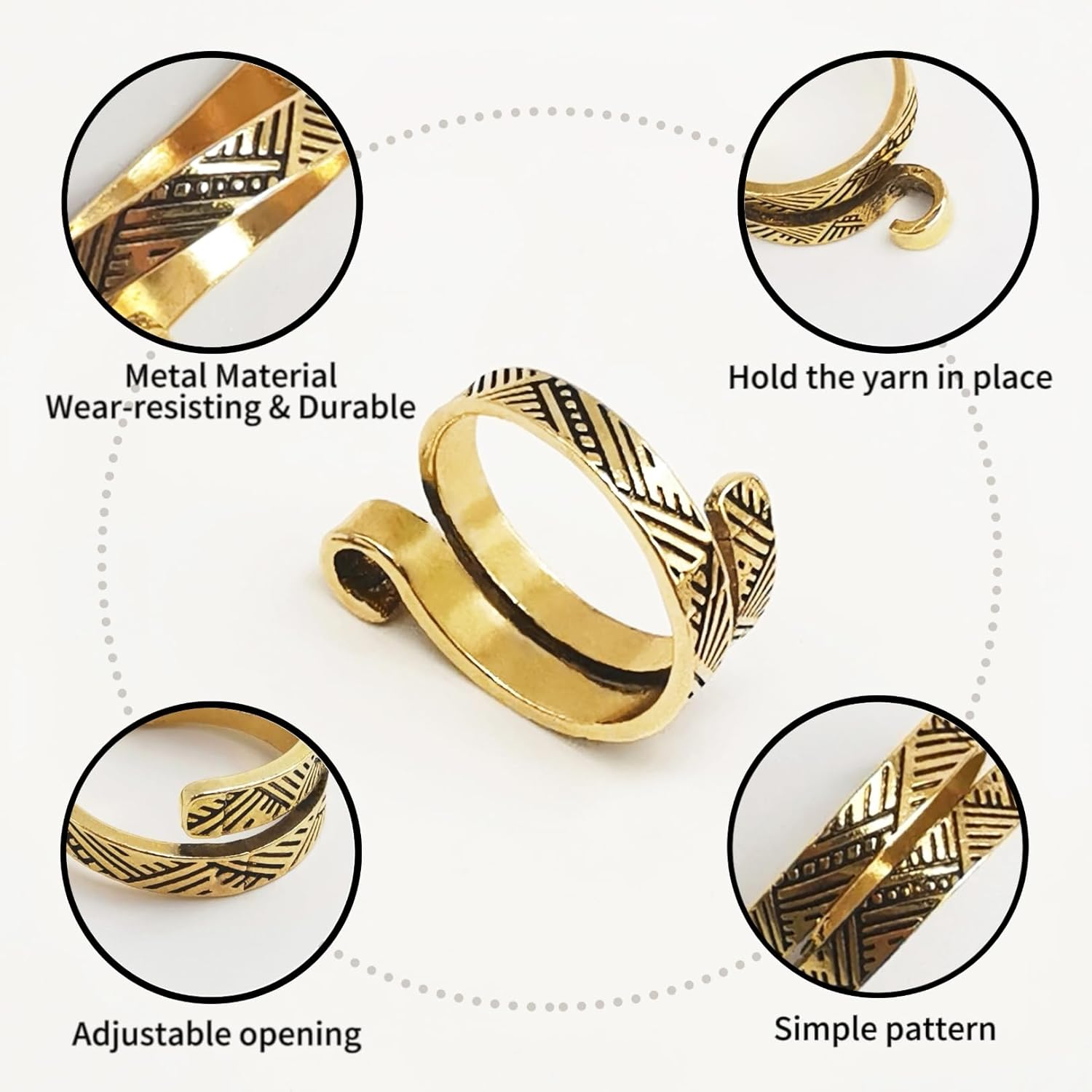 YUESUO Knitting Crochet Loop Ring for Fingers, Metal Adjustable Opening with Simple Pattern, Finger Yarn Guide, Braided Tail for Crochet (Gold, 2 Pack) image number 4