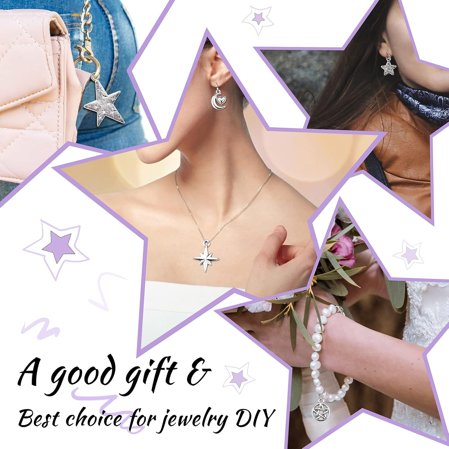 JIALEEY Celestial Mixed Sun Moon Star Charms, Wholesale Bulk Lots Antique Alloy Charms Pendants DIY for Necklace Bracelet Jewelry Making and Crafting, 100G(74Pcs), Alloy Steel, Alloy Steel image number 3