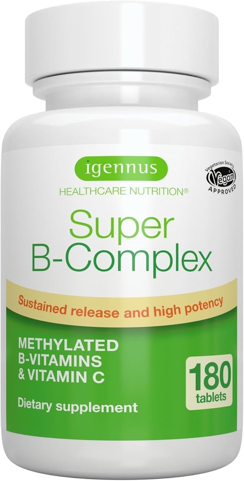 Super B-Complex &ndash; Methylated Sustained Release B Complex & Vitamin C, Folate & Methylcobalamin, Vegan, 180 Small Tablets image number 4