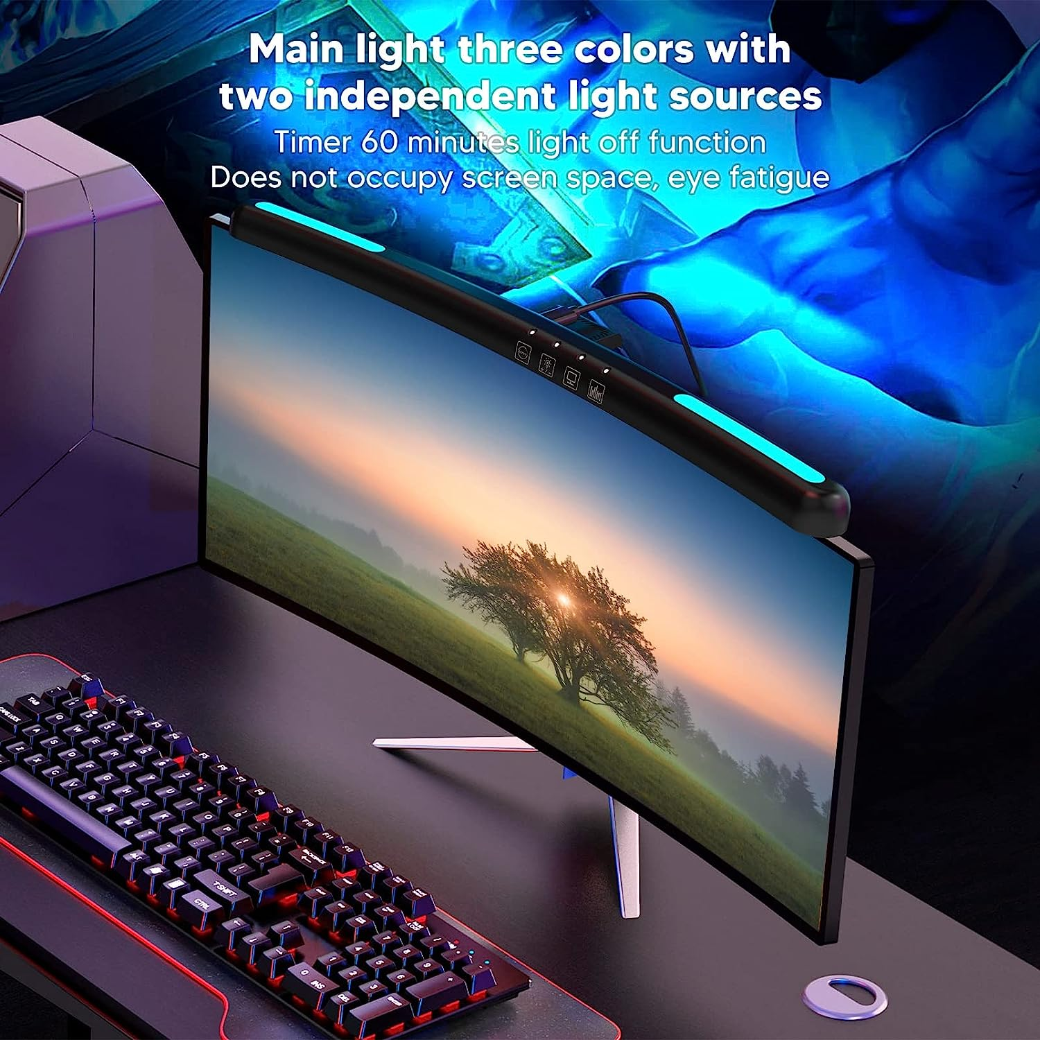 Curved Monitor Light Bar, Computer Bar Lights Touch Dimming with 3 Color Temperature Modes, LED Desk Lamp Eye Caring for Work Office Gaming image number 2