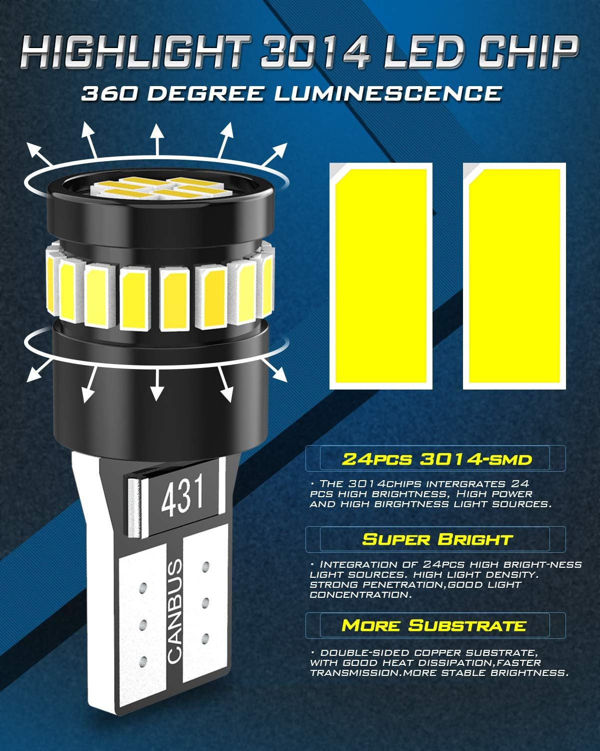 Katur 194 LED Light Bulb 6000K White Super Bright 168 2825 W5W T10 Wedge 24-SMD 3014 Chipsets LED Replacement Bulbs CANBUS Error Free for Car Dome Map Door Courtesy License Plate Lights (10Pcs,White) image number 3