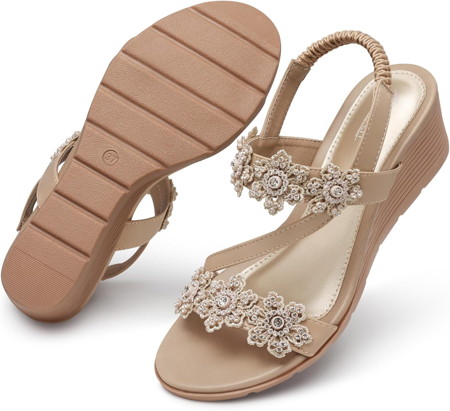 SHIBEVER Womens Sandals Wedge Summer: Elastic Ankle Strap Open Toe Wedge Sandal - Dressy Sandals Women - Comfortable Flower Bohemia image number 6