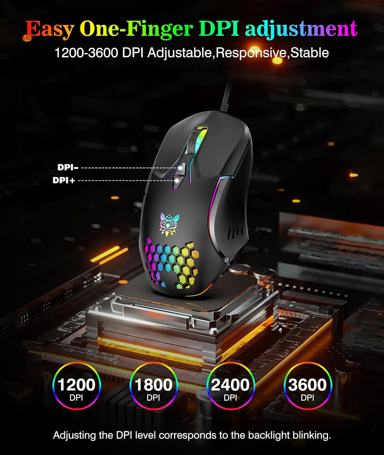Gaming Mouse, Wired PC Entry Level Mouse with RGB Backlit and Adjustable DPI, Ergonomic Office Laptop Mouse, Computer Gamer Mouse with 7 Responsive Buttons for Windows/Mac/Linux/Chrome image number 4
