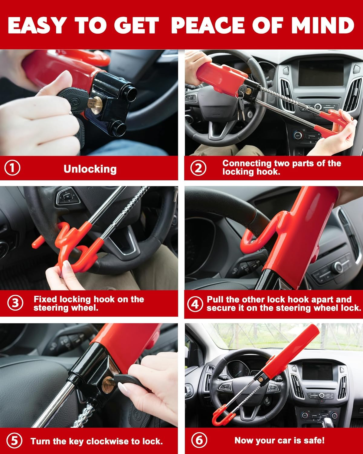 Tevlaphee Steering Wheel Lock Anti-Theft Car Device Heavy Duty Security Car Lock Antitheft Locking Devices Great Deterrent Adjustable Car Wheel Lock anti Theft for Vehicle Truck SUV with 3 Keys (Red) image number 5