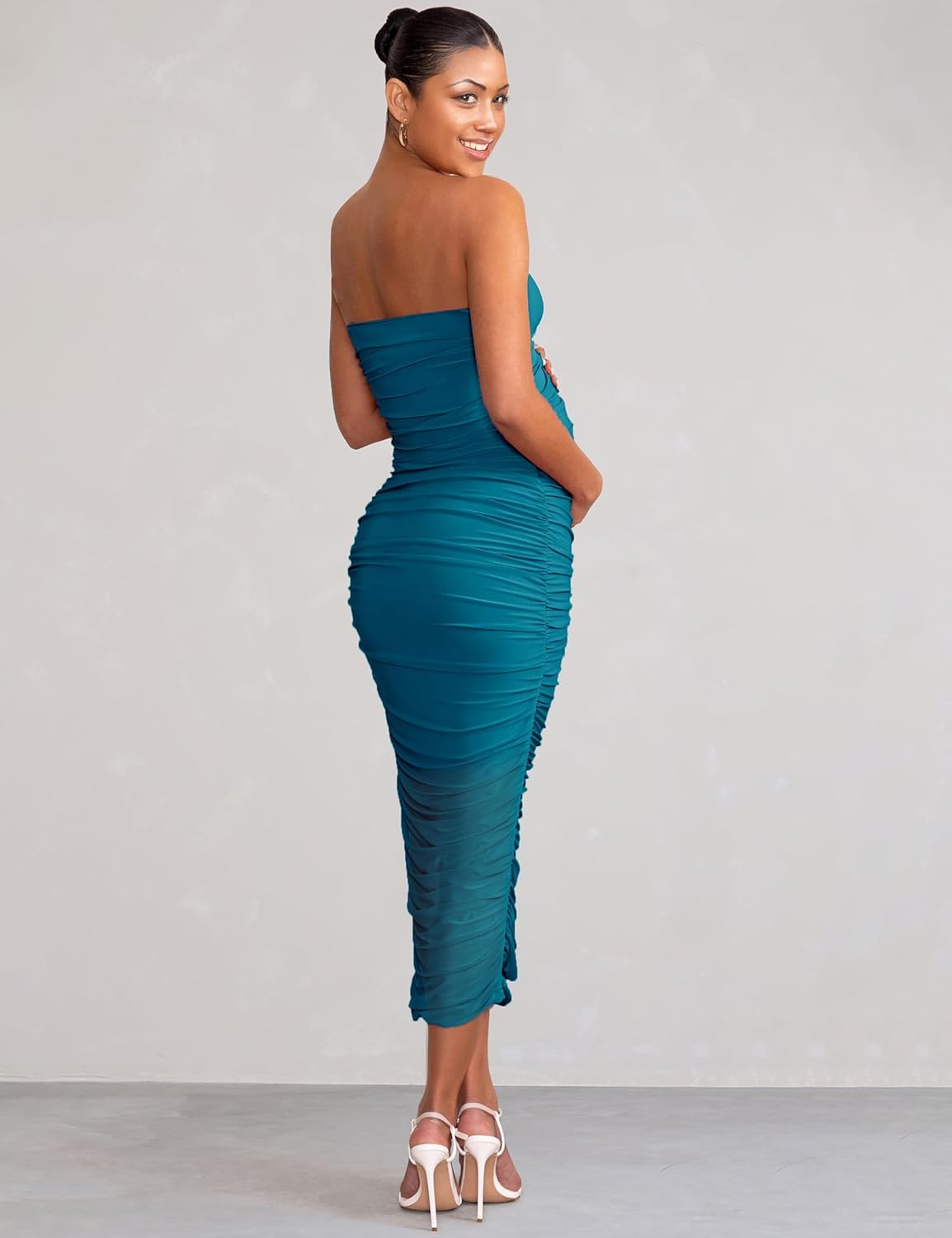 Dedysler Maternity Mesh Wedding Guest Dress for Baby Shower Sexy Bodycon Strapless Tube Pregnancy Clothes with Zipper image number 1