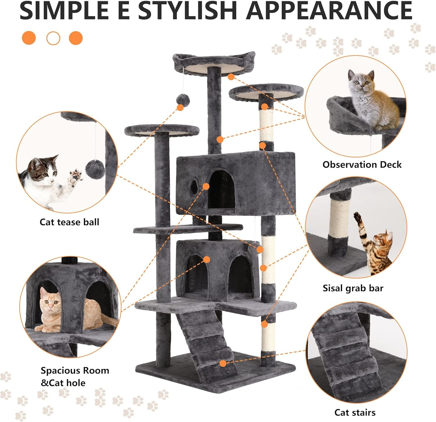 ZERIFAM 130Cm Cat Tree, Large Cat Tower Condo for Indoor Cats with Sisal Scratching Post, Soft Plush Multi-Level Climbing Tree Cat House with Climbing Ladder and Pompoms image number 4