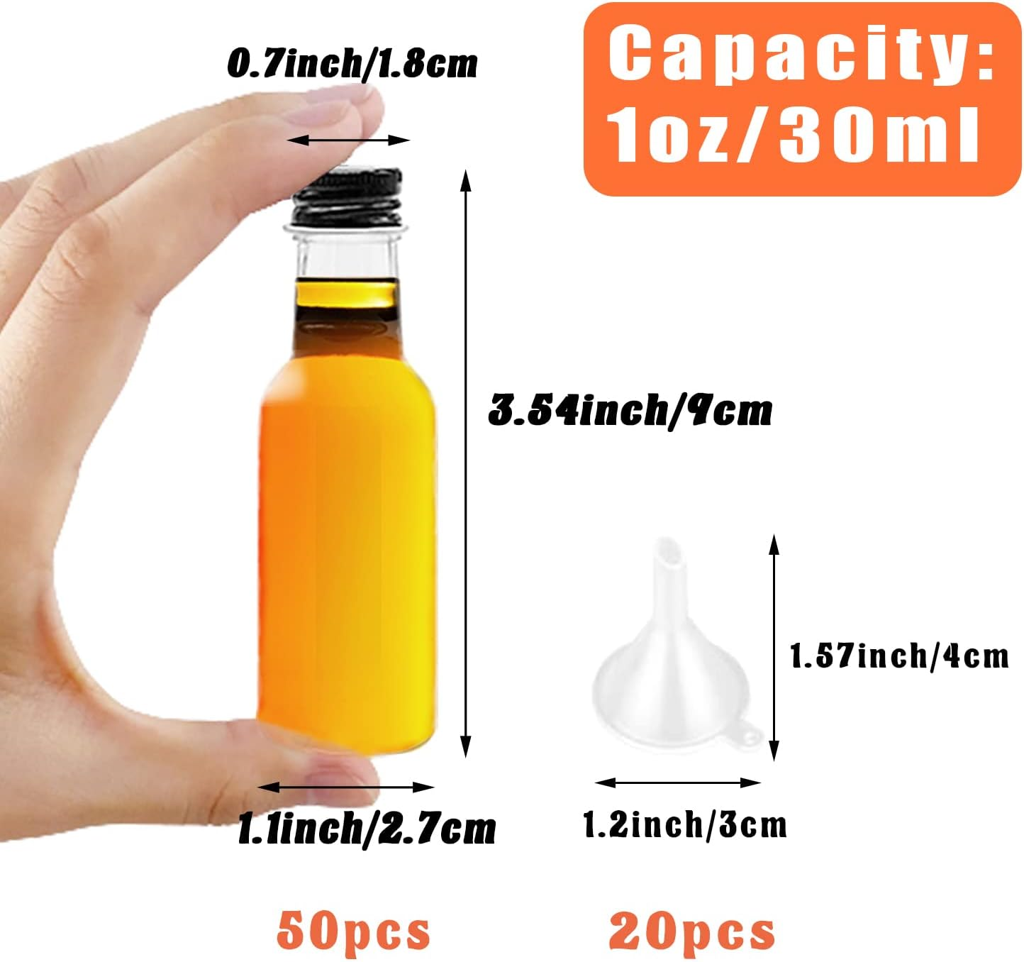 Qiuttnqn Mini Liquor Bottles,50 Pack Empty Spirit Bottles with Black Cap,1Oz/30Ml Alcohol 20 Funnels,Miniature for Weddings,Party Favors image number 6