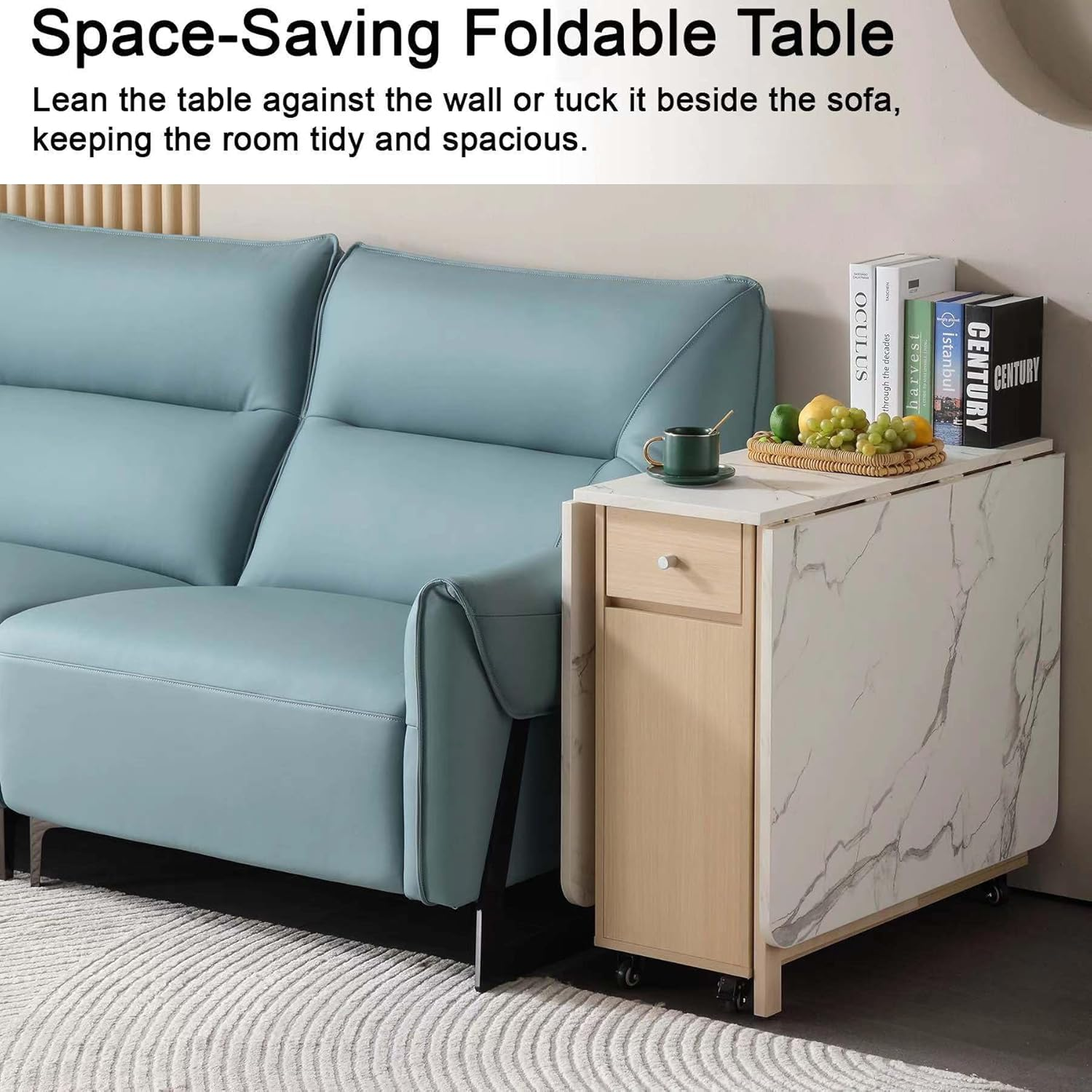 Foldable Dining Table, Space Saving Dining Table Extendable, Folding Dining Table with Storage and Wheels 2-Layers, Versatile Drop Leaf Table Modern for Living Room, Kitchen, RV Campers (Marble Wood) - Grey image number 5