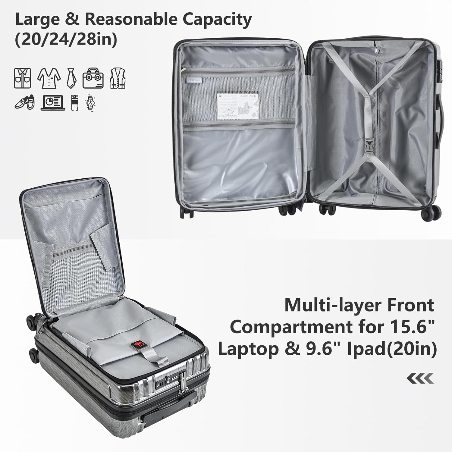 Luggage Set 2 Piece 20/28, 20 Inch Carry-On with Front Laptop Pocket & Expandable 28 Inch Luggage, ABS+PC Lightweight Hardshell Suitcase with Spinner Wheels, Silver Grey image number 4