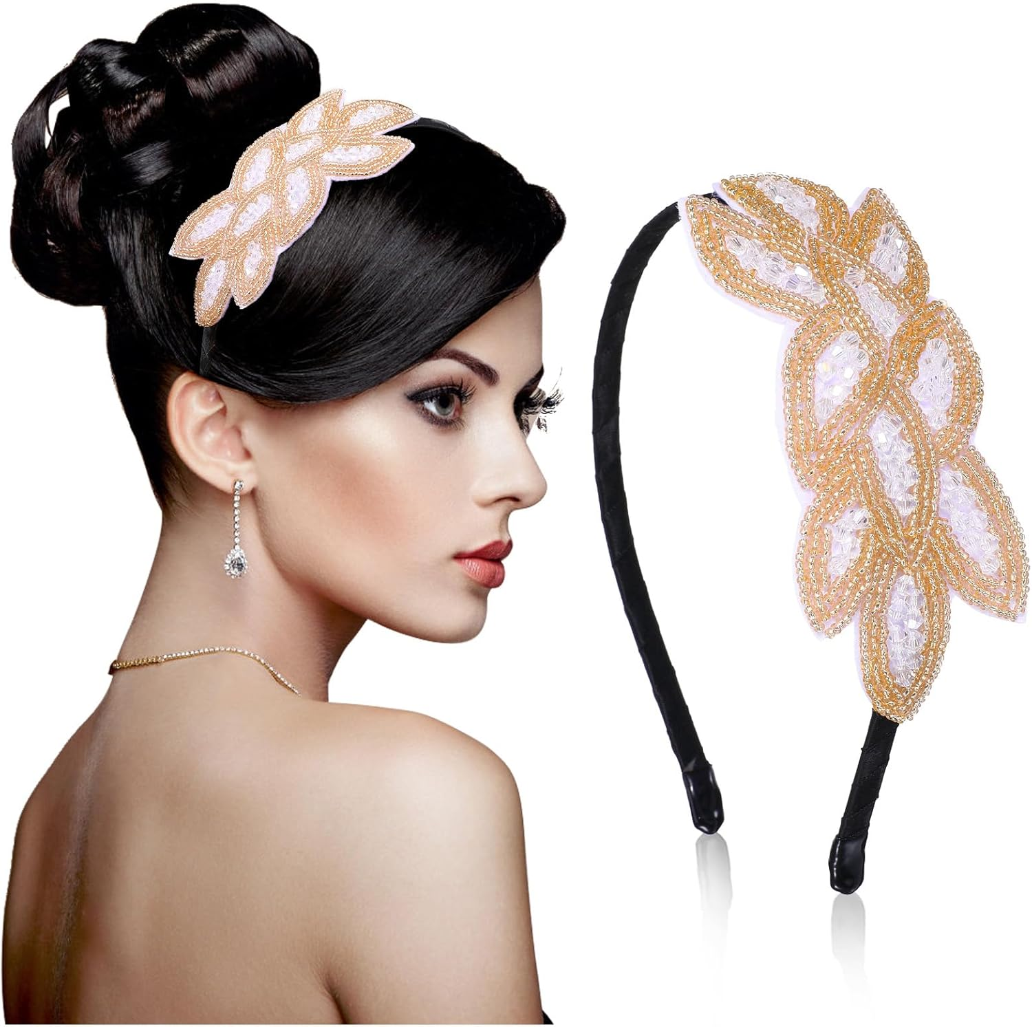 1920S Headbands for Women Head Bands Accessories Crystal Bridal Wedding Black Headpiece 20S Rhinestone Flapper Vintage Hair Valentines Accessory for Girls Costume Prom Party Art Deco (White Gold)