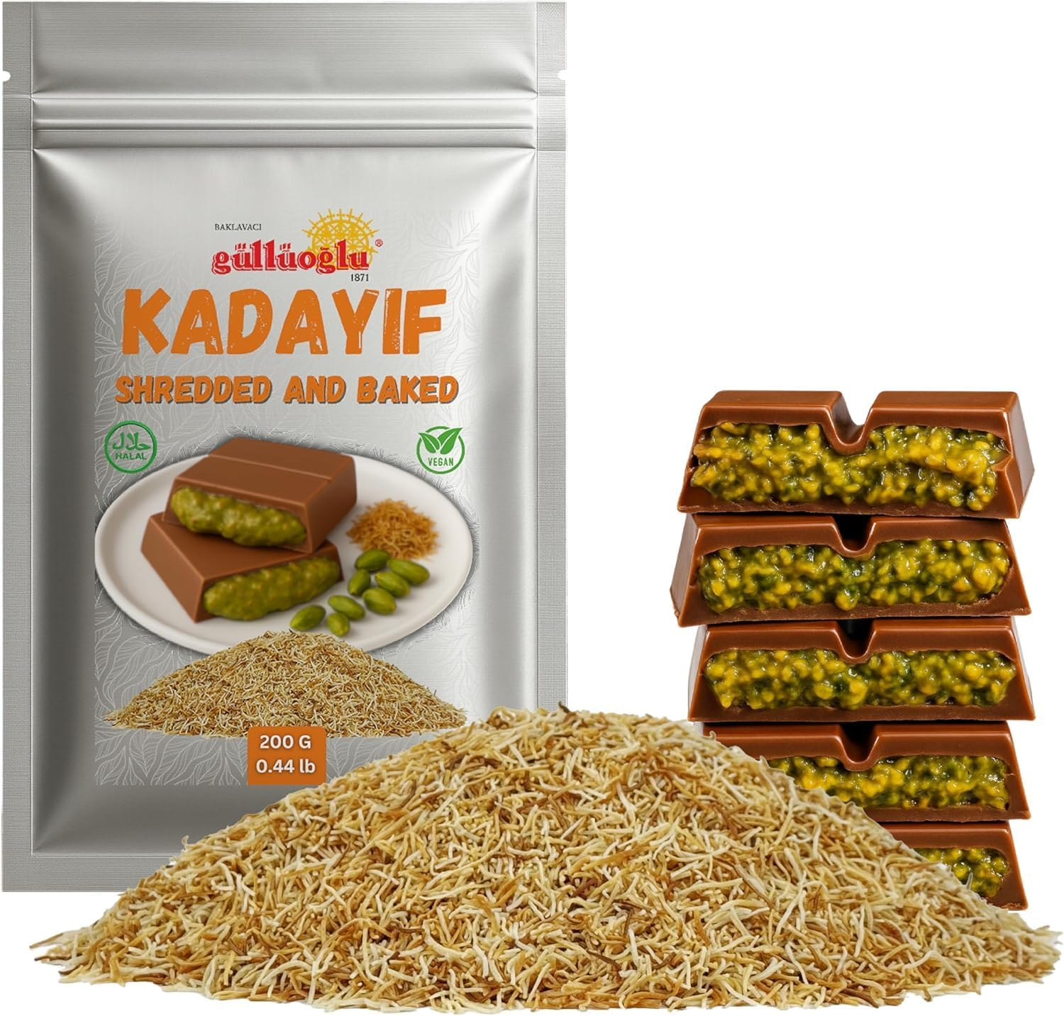 Gulluoglu Baked & Shredded Kataifi - 200 G - 0.44Lb Kadayif Chopped Fillo Dough, Shredded Phyllo, Kadayif Pastry Dough, Knafeh, Kunafa, Katifi, Kadayif Ingredient for Dubai Chocolate Bar image number 4