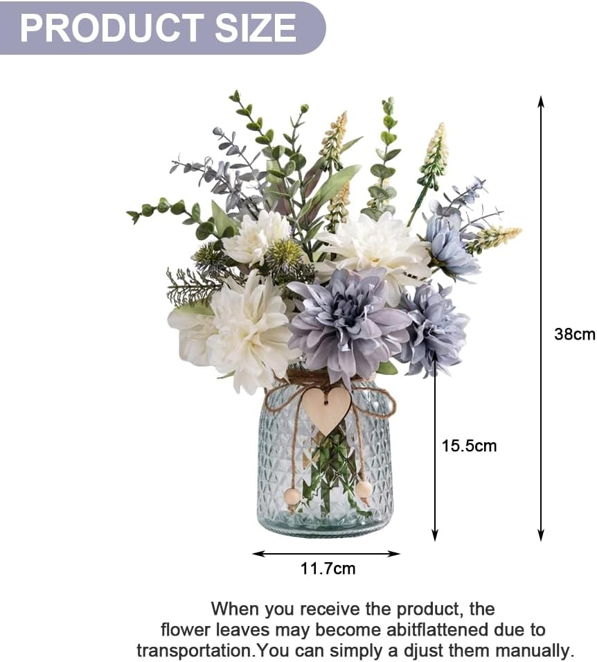 Delsol Artificial Flowers with Vase Silk Dahlia Faux Flowers Arrangement with Glass Vase Exquisite Fake Flowers Bouquet for Home Decor Decoration Table Centerpiece (Dahlia)