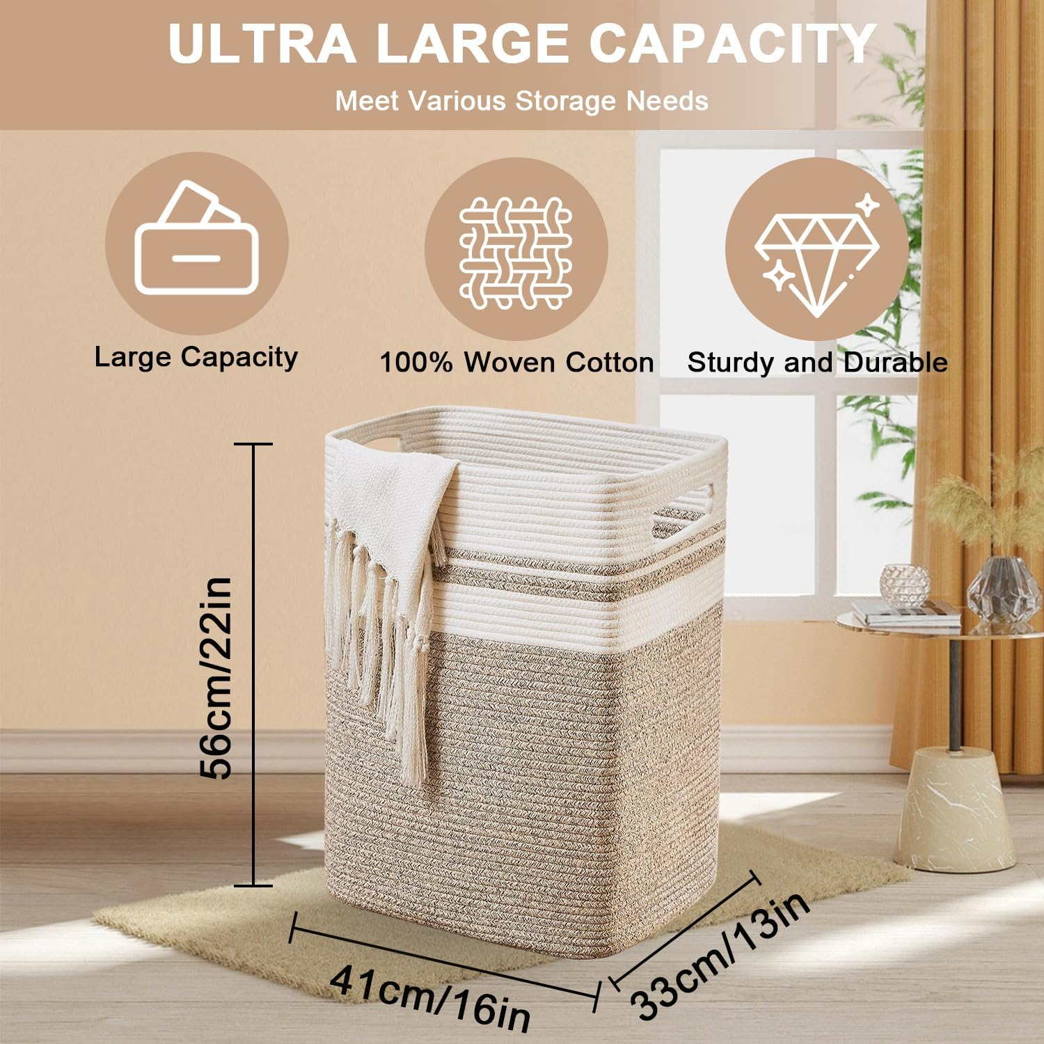 OWNKING Laundry Basket, Tall Woven Cotton Laundry Hamper, Large Capacity Collapsible Storage Basket, Decorative Versatile Blanket Basket for Clothes, Blankets, Toys Storage & Organization, 16X13X22In image number 5