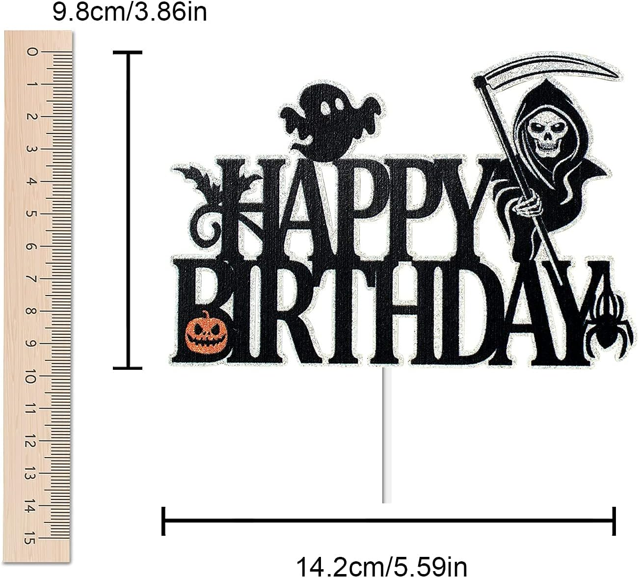 Halloween Happy Birthday Cake Topper - Spooky Pumpkin Death Black Glitter Cake Topper - Adult Kids Horror Birthday Party - Happy Halloween Party Decoration image number 3
