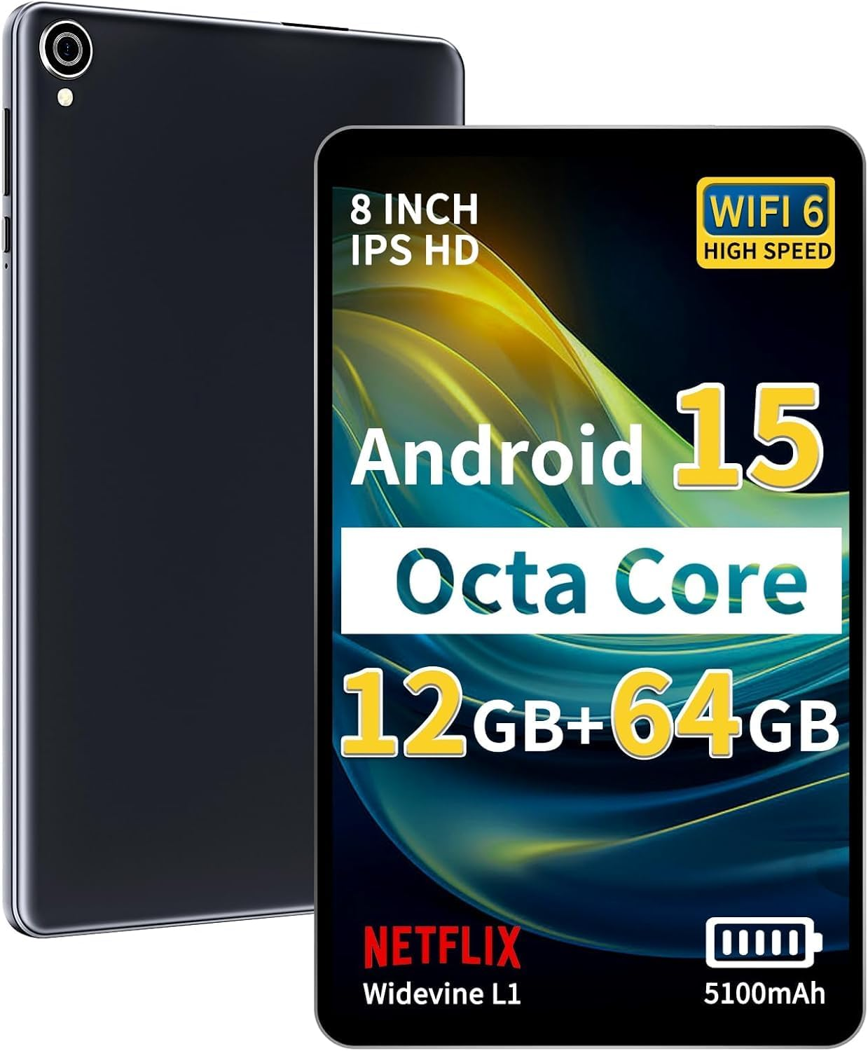 2025 Android 15 Tablet 8 Inch Tablet, Octa-Core Processor, 12GB RAM 64GB ROM 2TB Expandable, 1280 * 800 IPS HD Screen, Wifi6, BT5.4, Widevine L1, 5MP+8MP Dual Camera Tableta - Grey