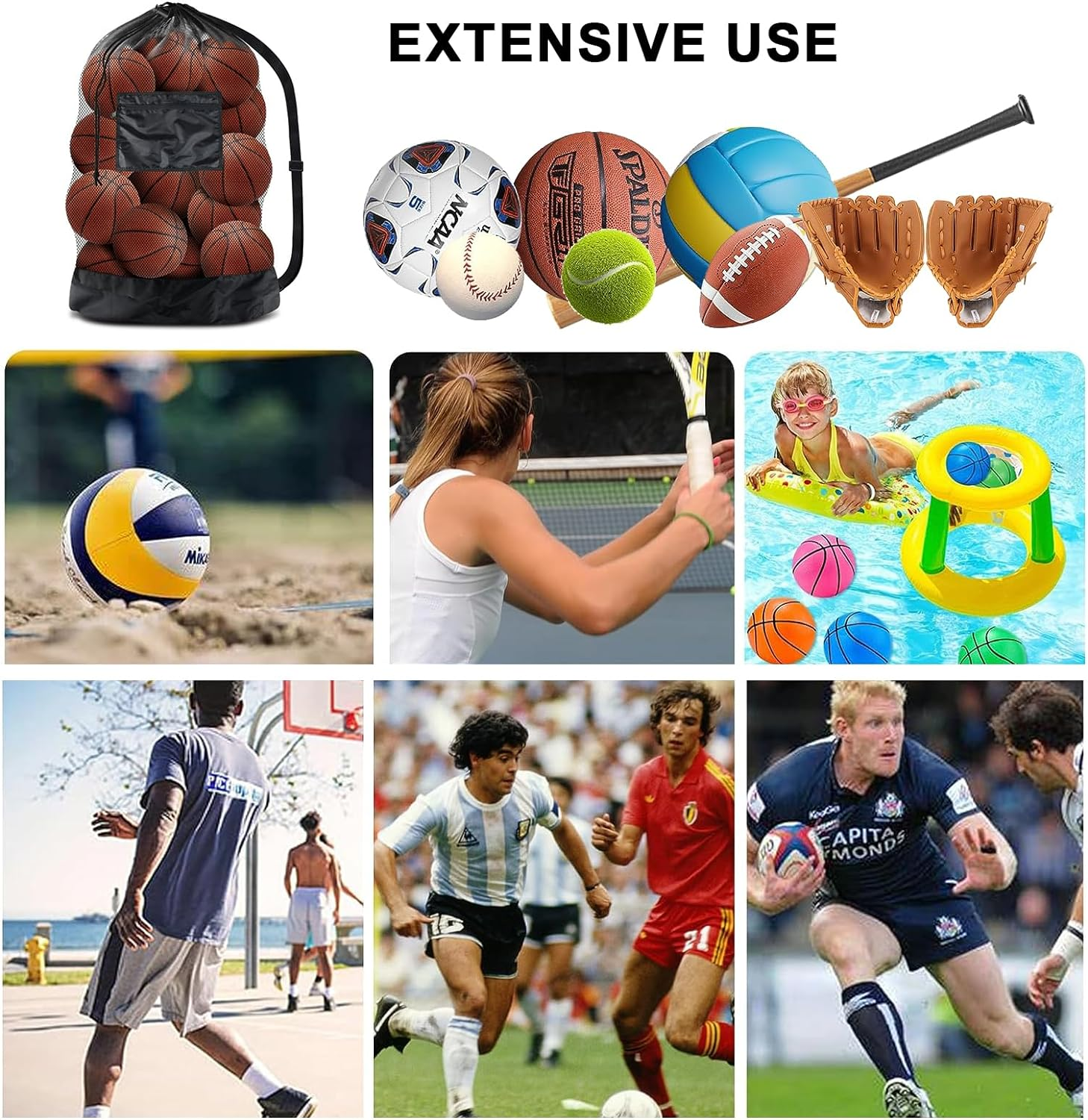 Ball Storage, Large-Capacity Ball Bag, Mesh Drawstring Football Storage Bag, Sports Equipment Bag with Shoulder Strap, with Slip Pocket, Can Be Used for Basketball, Football, Volleyball, 30*40 Inches image number 5