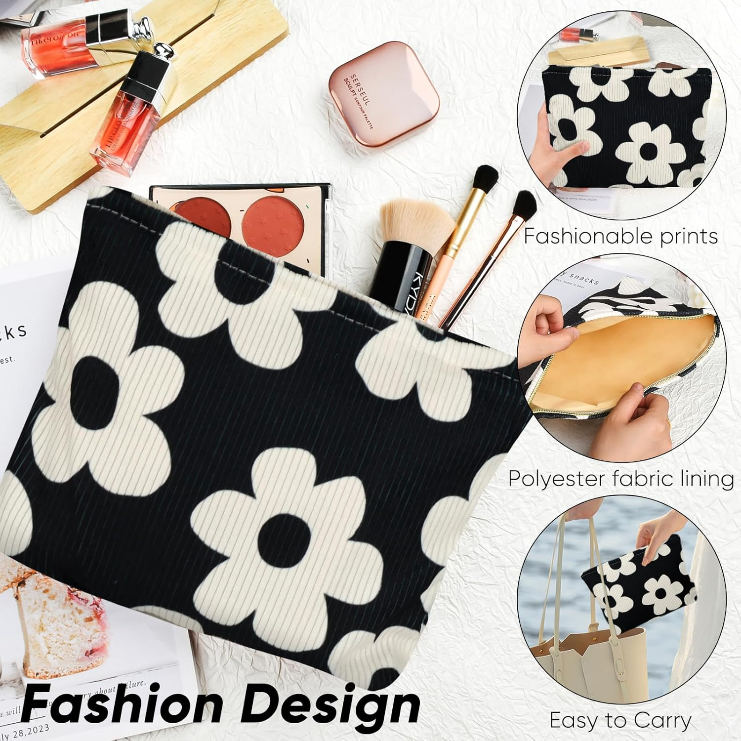 Ksriylm Cute Makeup Pouch for Women Flower Small Make up Bag for Purse Zipper Initial Cosmetic Bags Pouches for Purse Aesthetic Travel Toiletrybags Gift,Black White Floral image number 5