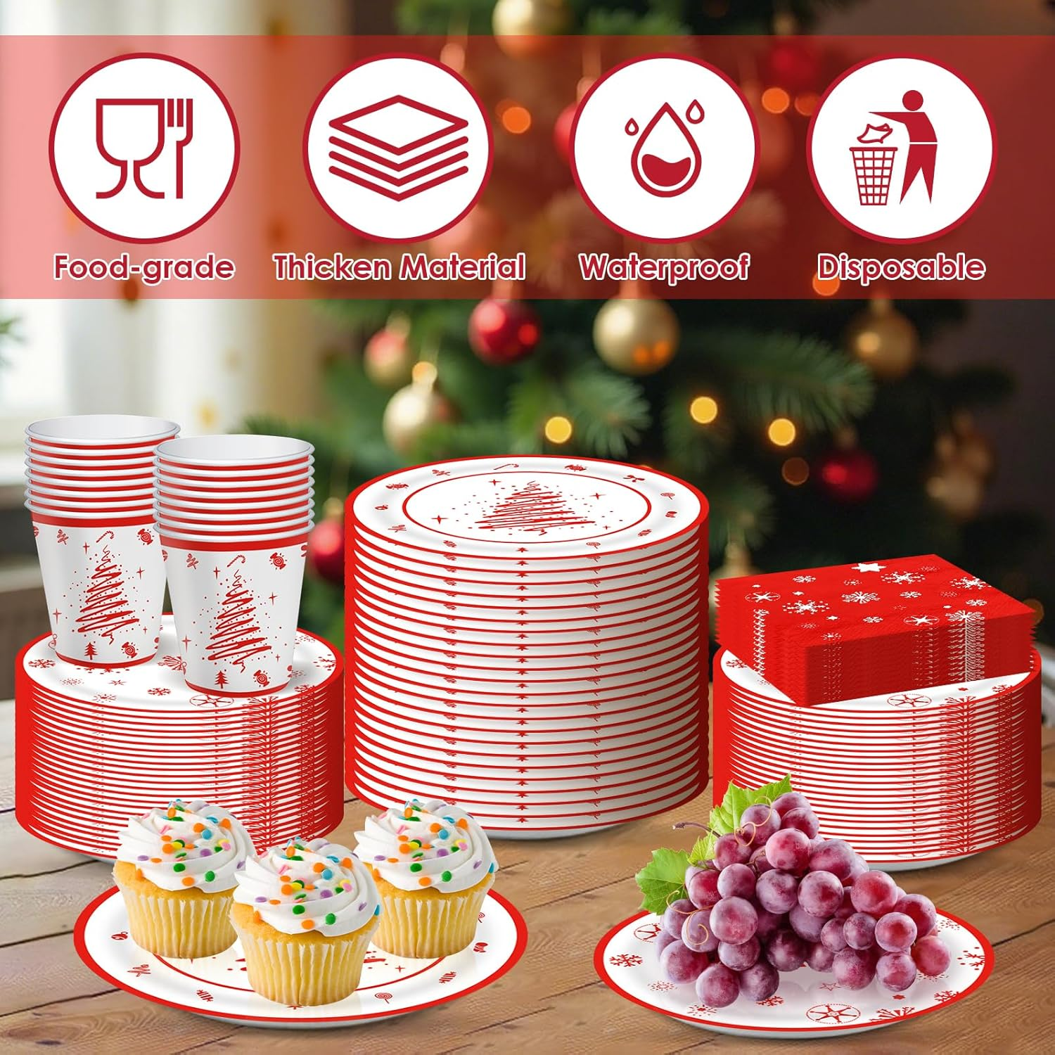 64 Pcs Christmas Tableware Christmas Party Decorations Winter Holiday Plates and Napkins Xmas Disposable Dinnerware Tableware Set for Xmas Party Supplies Serve 16 image number 2