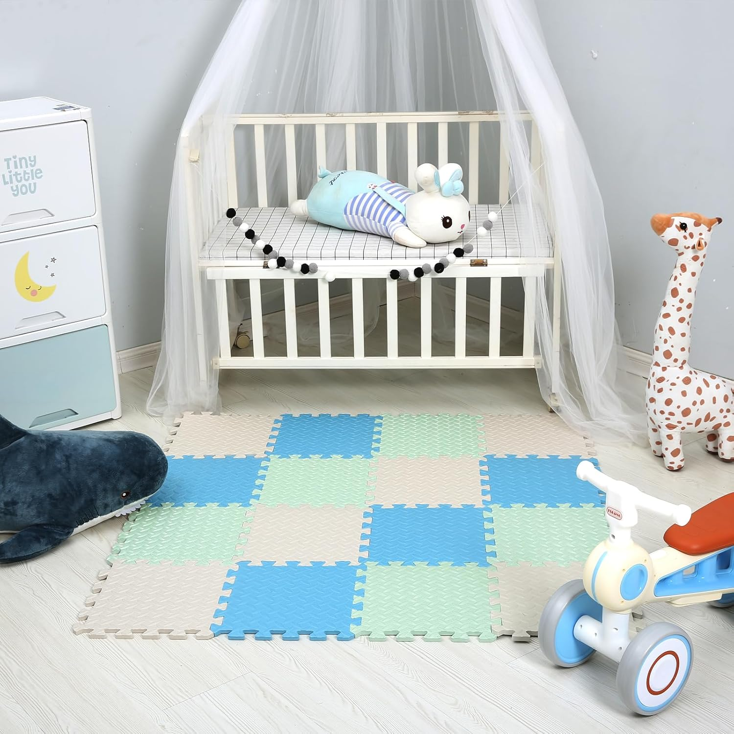 Foam Play Mat for Baby, EVA Soft Non-Toxic Baby Playmat, Interlocking Floor Mats, Solid Colored Foam Puzzled Floor Mats, Baby Play Mat Exercise Mats, 16 Tiles(White/Green/Light Blue) image number 4