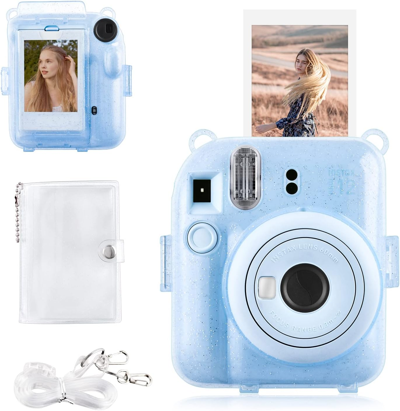 Rieibi Clear Case Compatible with Fuji Instax Mini 12, Hard Carrying Case Bag for Fujifilm Instax Mini 12 Instant Camera, PC Cover with Photo Storage Pocket & Shoulder Strap