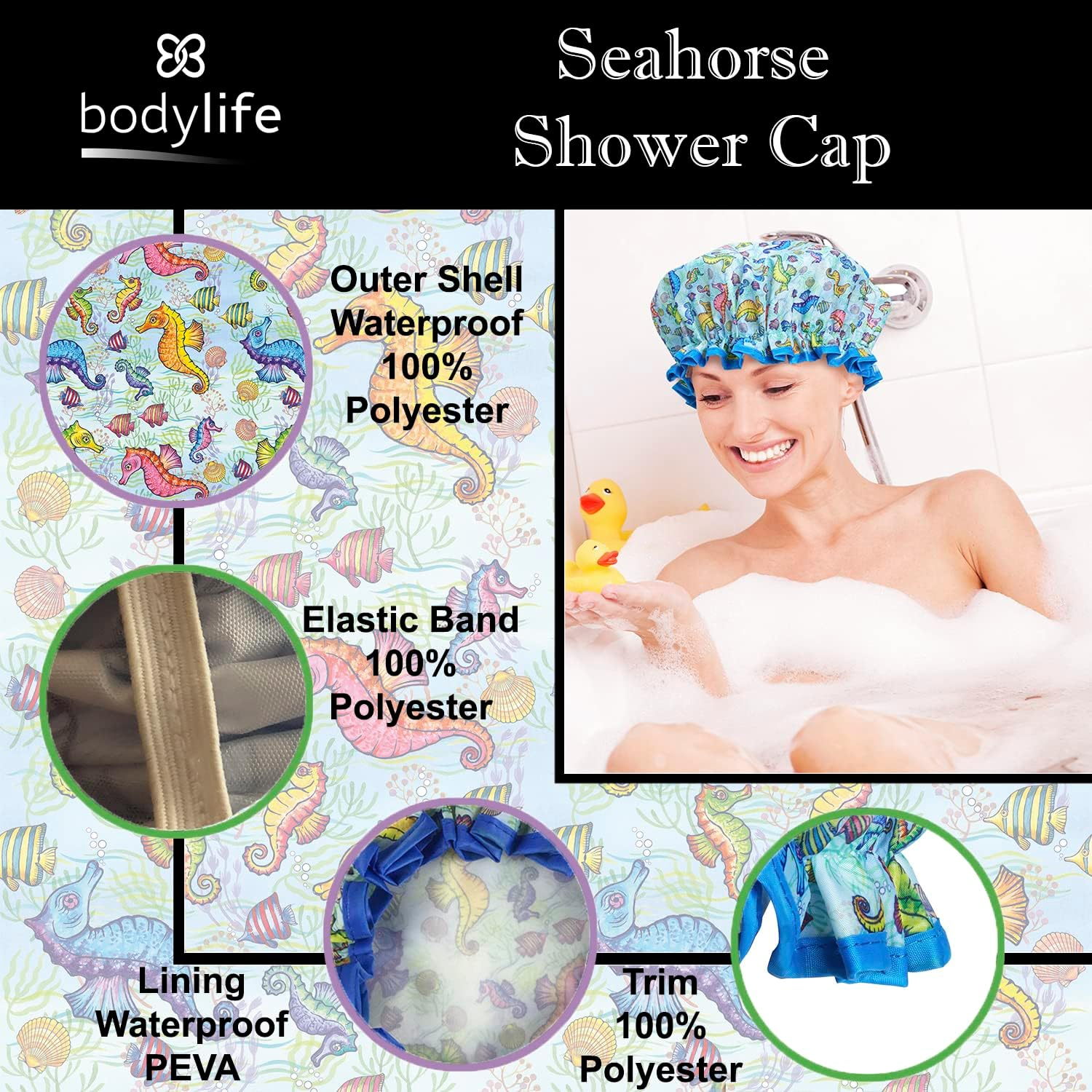 Bodylife Shower Cap Reusable Bath Cap Double Layered Waterproof Seahorse 27Cm image number 2