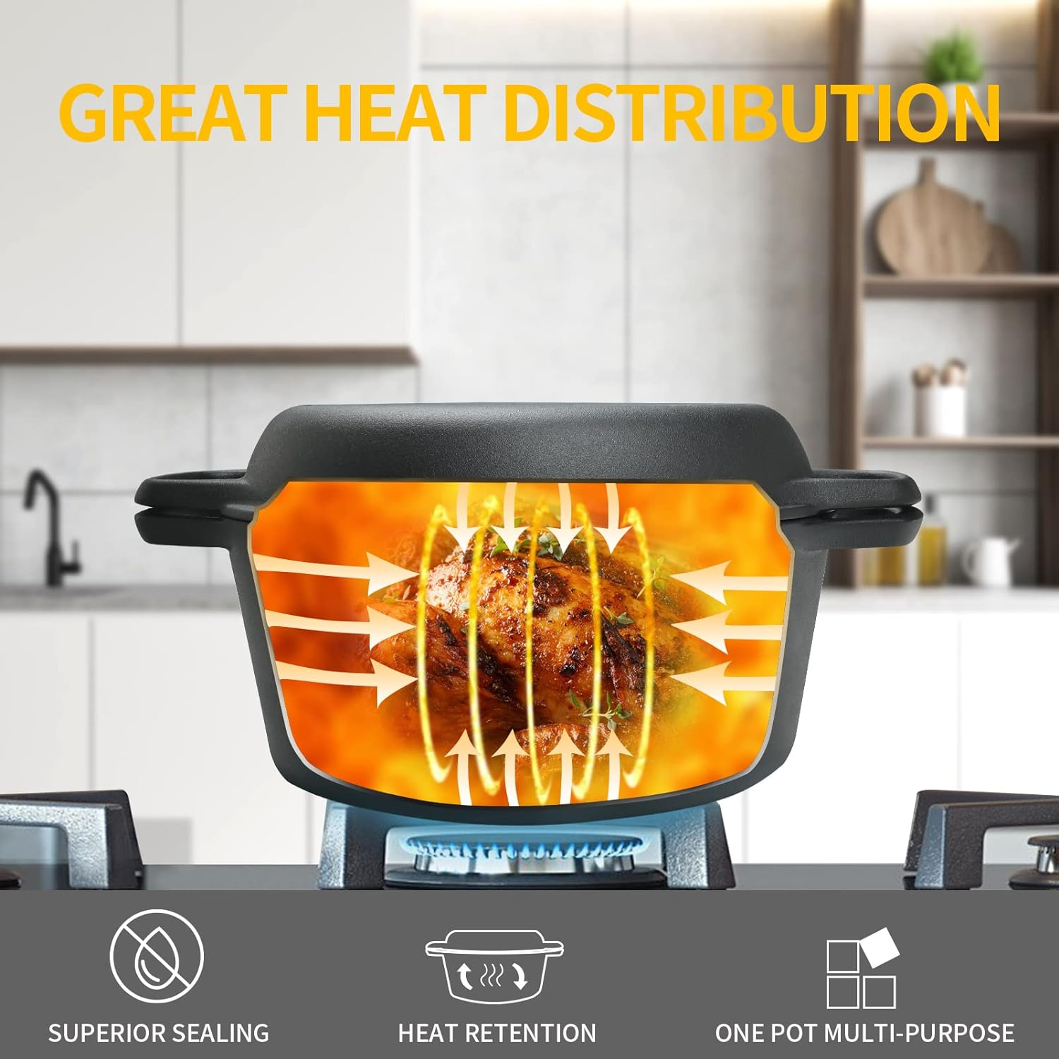 2-In-1 Pre-Seasoned Cast Iron Dutch Oven Pot with Skillet Lid Cooking Pan, Cast Iron Skillet Cookware Pan Set with Dual Handles Indoor Outdoor for Bread, Frying, Cooking, Baking,Camping,Bbq,5 QT image number 6