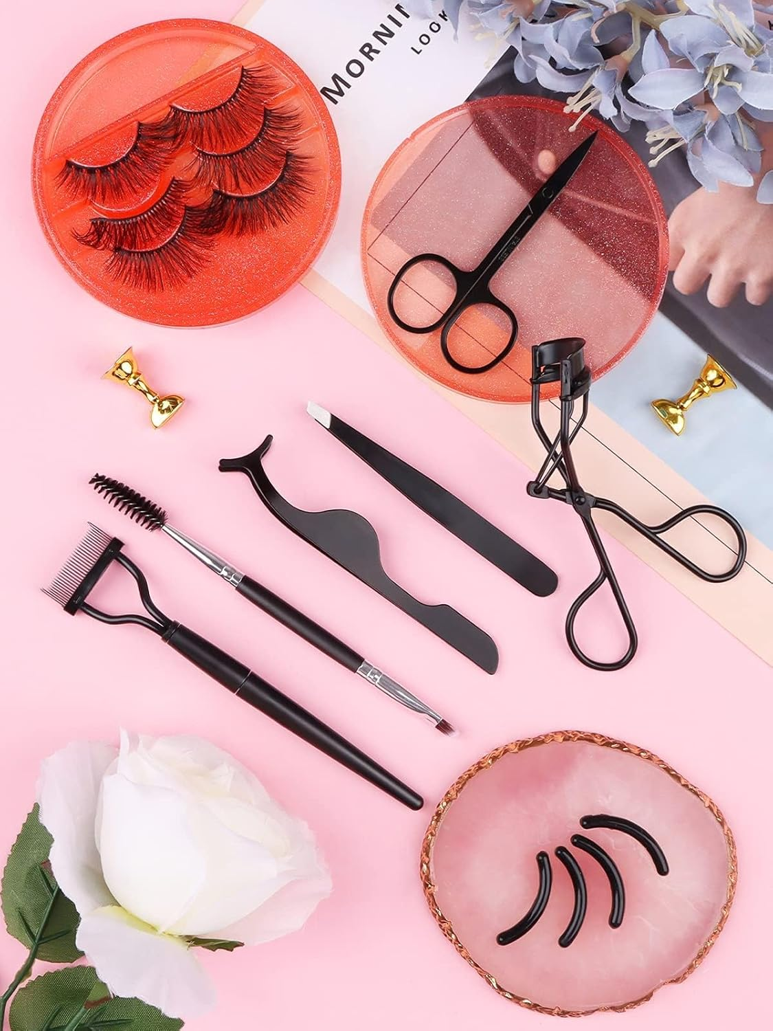 EBANKU Eyelash Comb Lashes Curler Set, 7Pcs Eyebrow Brush Comb Eyelashes Separator Tool Professional Eye Brow Spoolie Brush Scissors Tweezers Eyelash Curler Silicone Refill Pads for Makeup Grooming - 7P image number 6