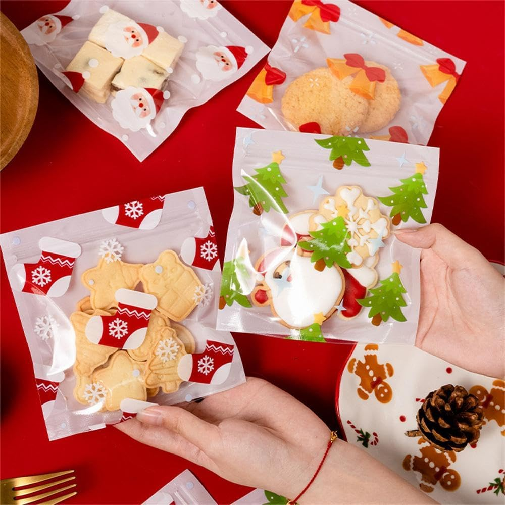 NIXNUT 50Pcs Christmas Candy Cookie Bag Treat Gift Bag with Zip for Party Baking Food Dessert Package Homemade Crafts Cute Patterns image number 4