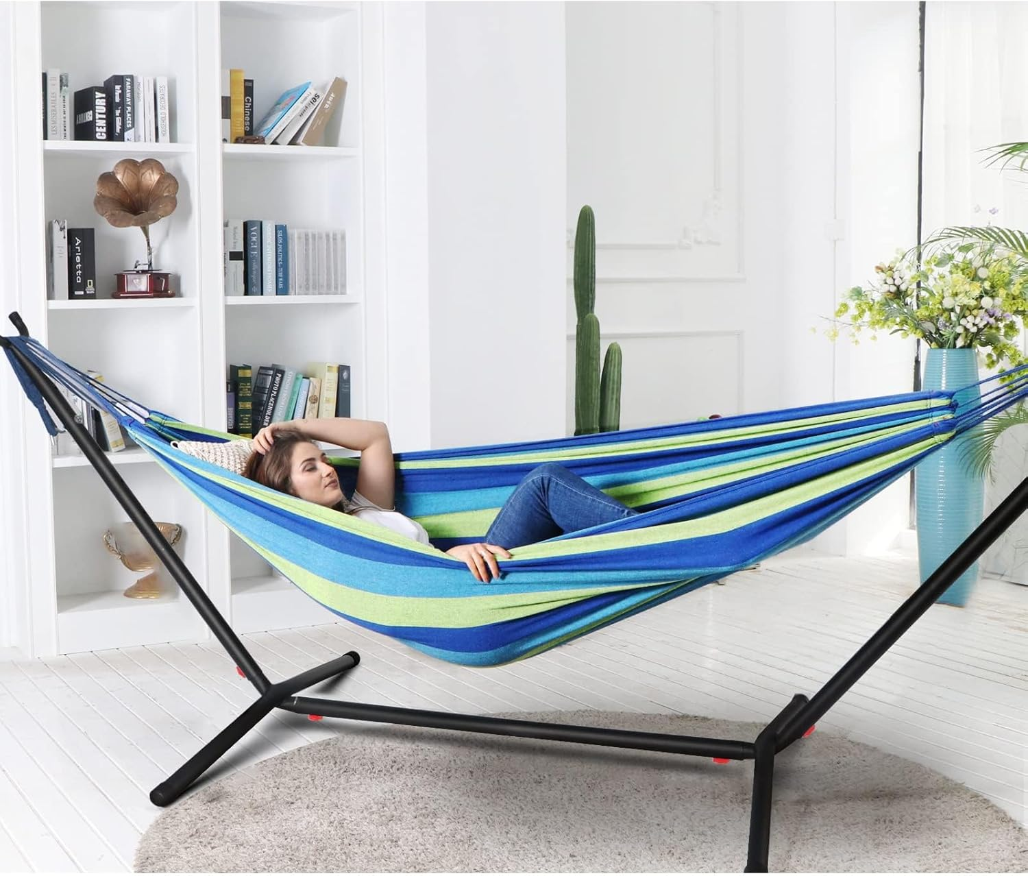 Adjustable Hammock Stand Portable Double Hammock with Space Saving Steel Stand 450 Lbs Capacity, 2 Person Heavy Duty Standing Hammock for Camping Beach Patio Garden Yard Outdoor & Carrying Bag, Blue image number 4