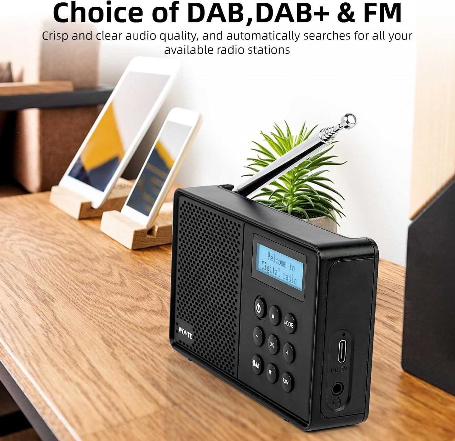DAB Radio Portable, WOVTE DAB+ Digital Radio Rechargeable FM Radio, Small Radio with Bluetooth, DAB Radio Mains Powered or Battery with 40 Presets LED Display Alarm Clock Sleep Timer Headphone Socket image number 6