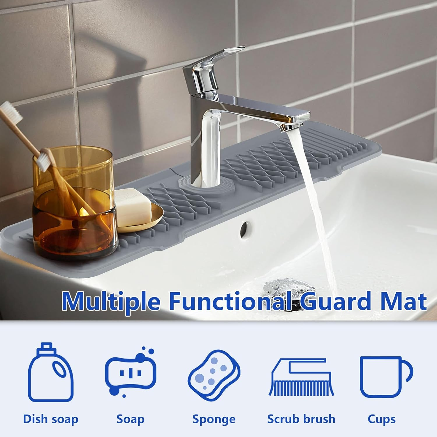 61CM Long Sink Splash Guard Mat, Faucet Handle Drip Catcher Tray, Countertop Dish Drying Mats Kitchen Sink Gray image number 2