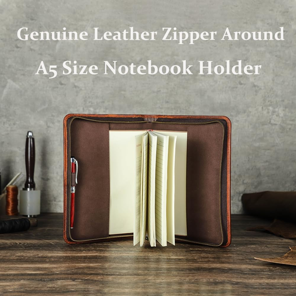 Contacts A5 Notepad Holder Full Grain Leather Portfolio for Work Legal Pad Padfolio Portable Notebook Folder with Zipper Closure and Handle image number 1