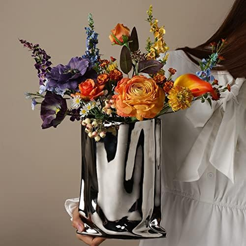 Sliver Ceramic Vase - 9.1 Inch Tall Flower Vase Minimalist Nordic Style for Home Decor, Centerpiece Vases for Wedding Dinner Table Party Living Room Office Bedroom