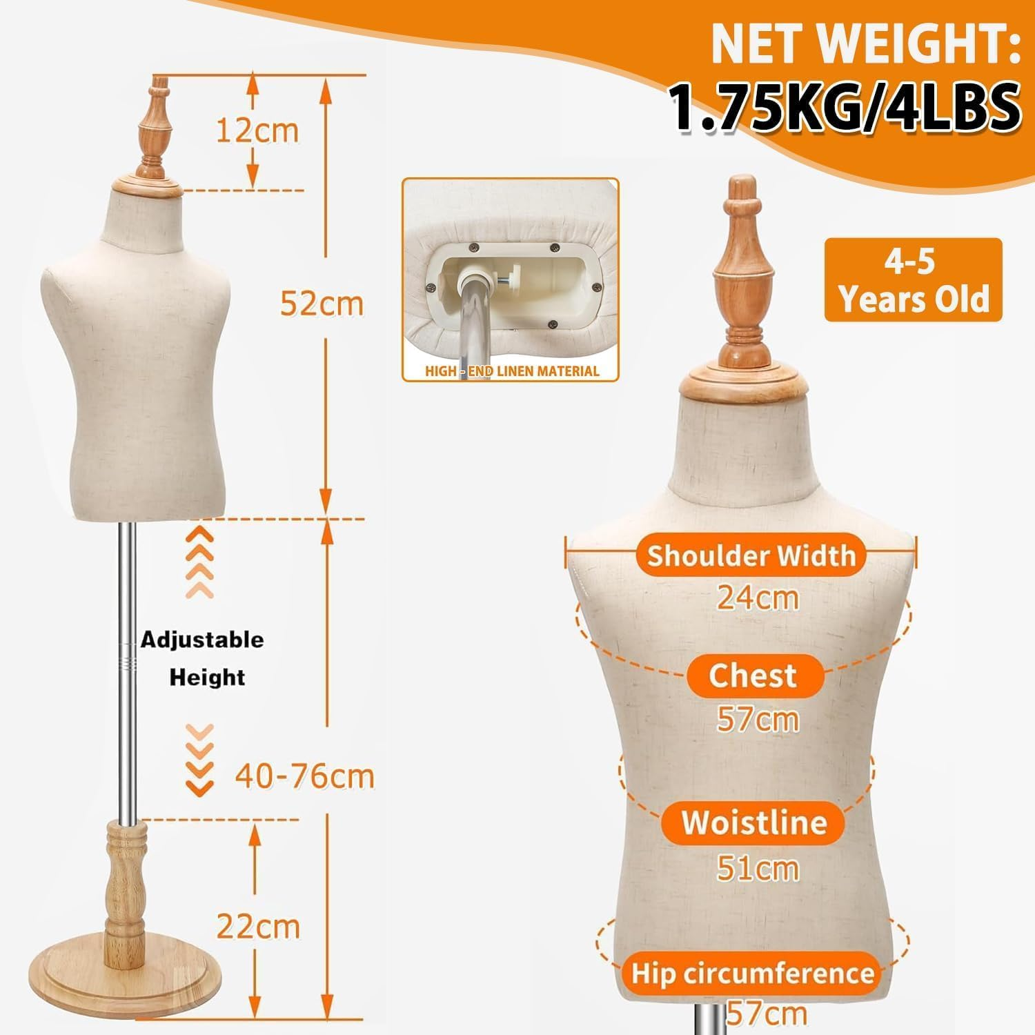 LIODUX Kid Dress Form, Adjustable Child Mannequin with Wooden Base, Child Mannequin, Models Girl and Boy Display Kids Unisex Manikin for Sewing Dressmakers Jewelry Display (4-5 Years Old) image number 6