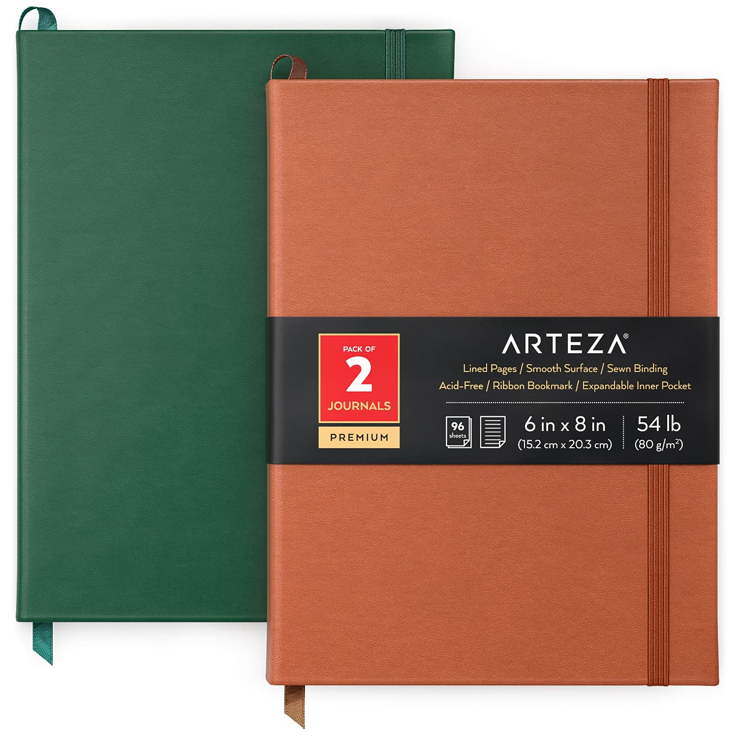 Arteza Lined Journal Notebooks, Pack of 2, 6 X 8 Inches, 96 Sheets, Green and Saddle Color Hard Notebook Journals, Hardcover Notepads with Smooth Lined Paper, Office Supplies for Writing, Journaling image number 2