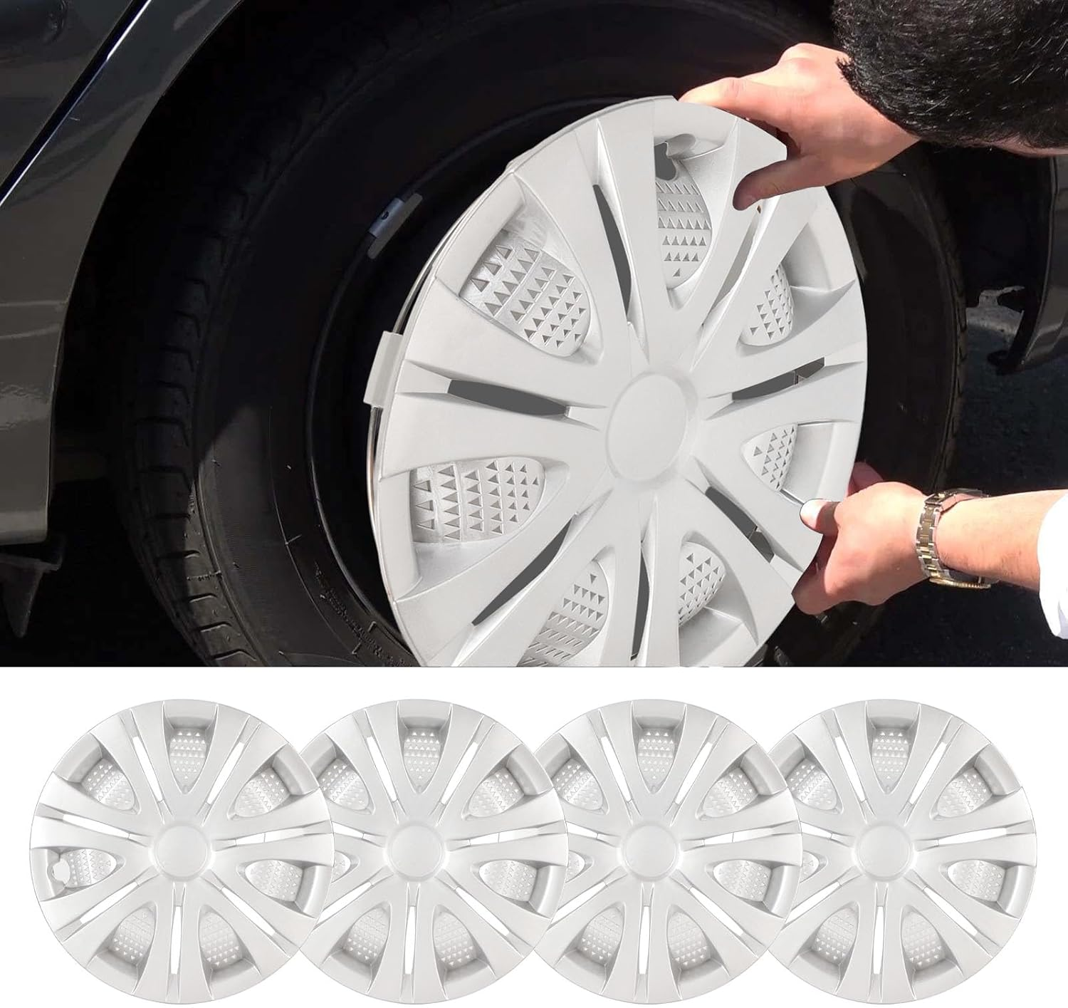 4Pcs Wheel Cover Hubcaps, 15 Inch Silver Sporty Strong Snap on Wheel Rim Cover for Cars Trucks Vans, Universal Fit for Steel Wheel, Easy to Install image number 6