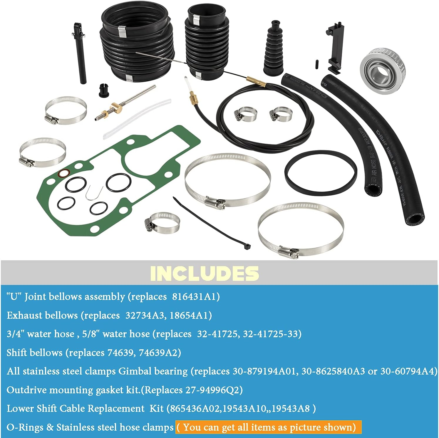 Transom Seal Repair Kit with Lower Shift Cable Replacement Kit 30-803097T1,865436A02 for Mercruiser R, MR, Alpha One Gen 1 1983-1990 Sterndrives. image number 5