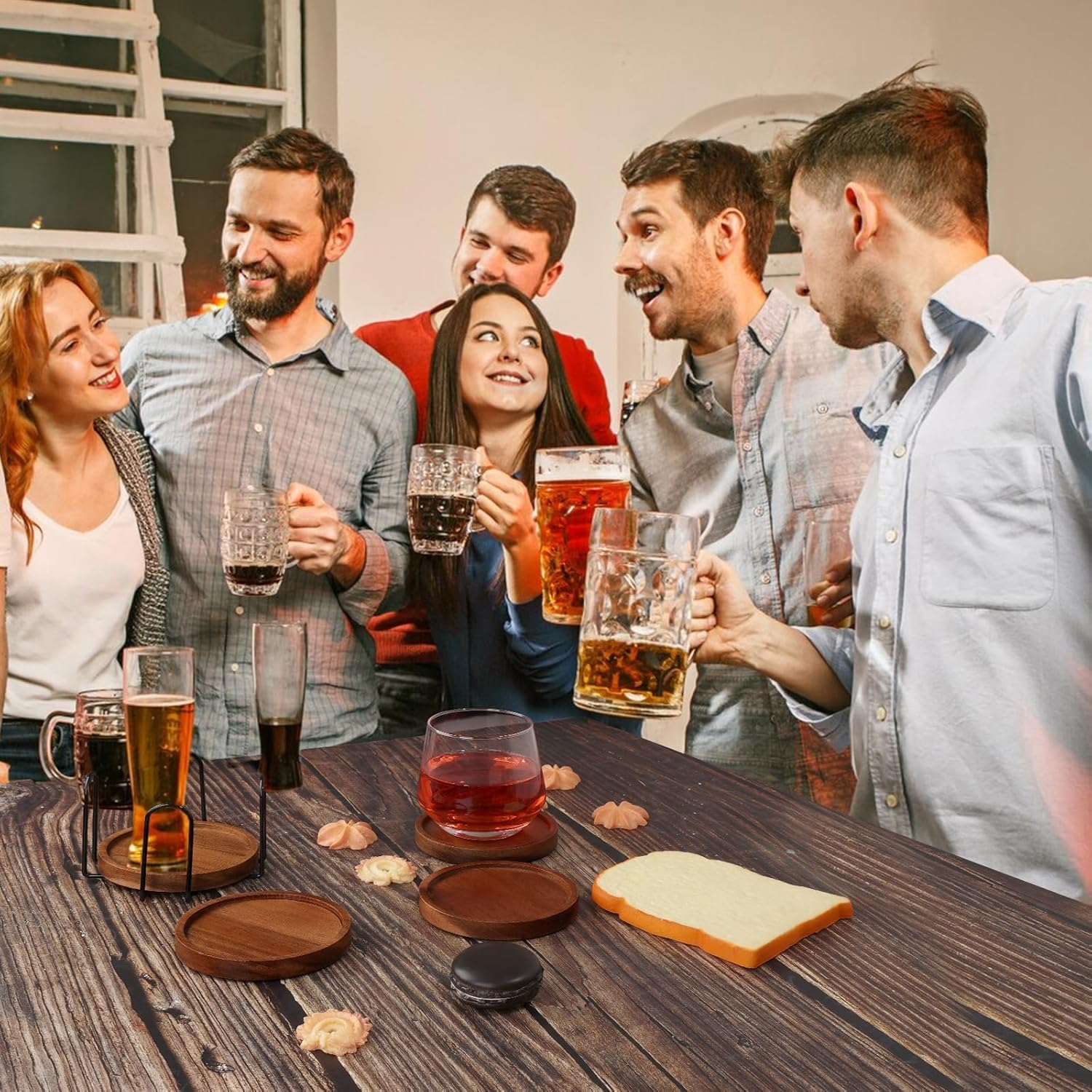 4 Pcs Wood Coasters for Drinks Absorbent, Wooden Coasters with Holder, Drink Coasters for Coffee Table, Absorbent Coaster Set for Table Protection Drink Coasters for Farmhouse, Office, Bar (4) image number 4