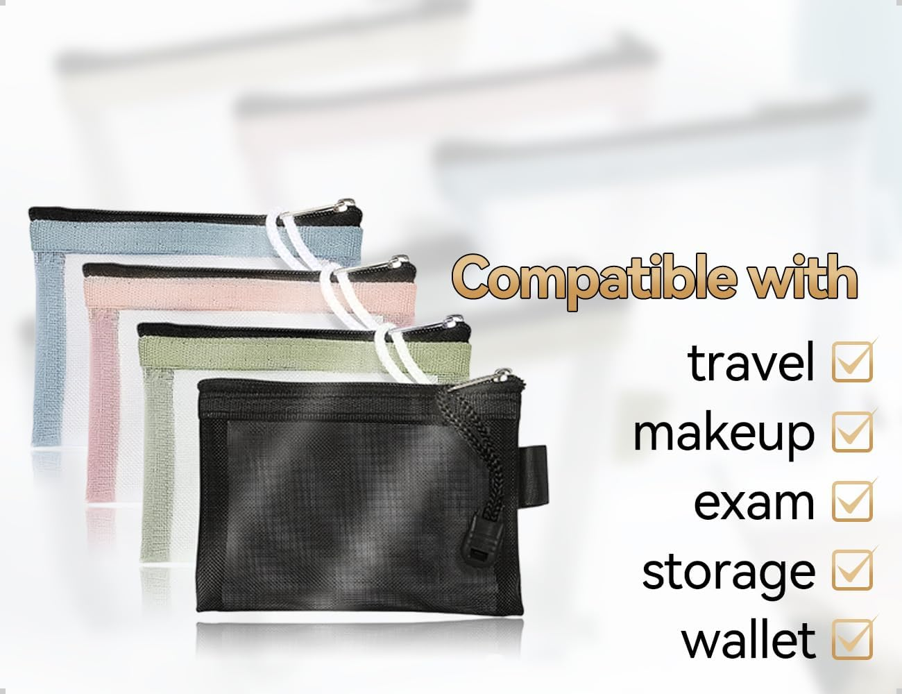 Emezddo Pack of 4 Pencil Cases, Transparent Mesh Nylon Zip Bag, Portable Cosmetic Bag, Waterproof Mesh Bag, Used for School, Office, Travel, Lipstick, Headphones image number 5