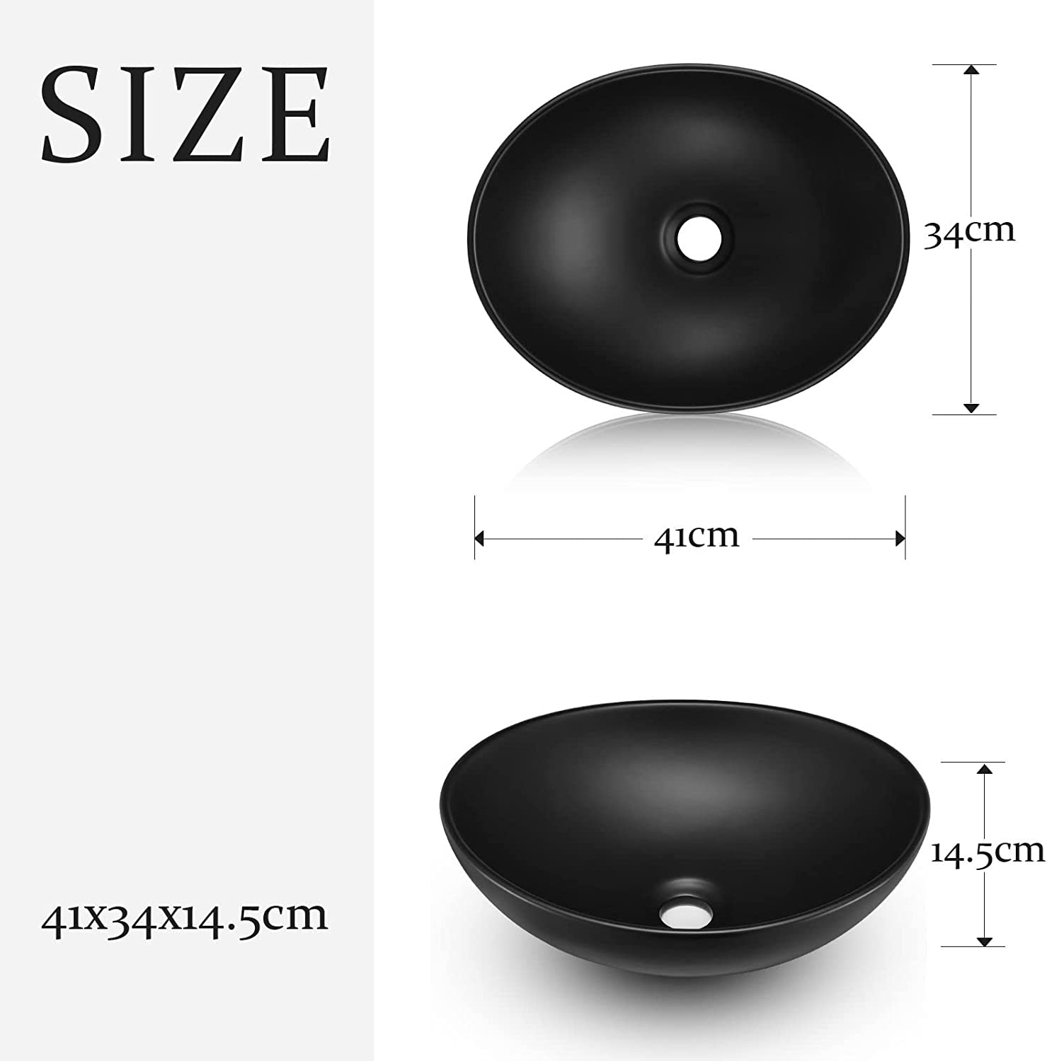 Luxsuite Bathroom Basin Oval Bathroom Sink Vessel Wash Basin Washing Vanity Bowl above Counter Hand Toilet Bath Countertop Ceramic Basin Black image number 3