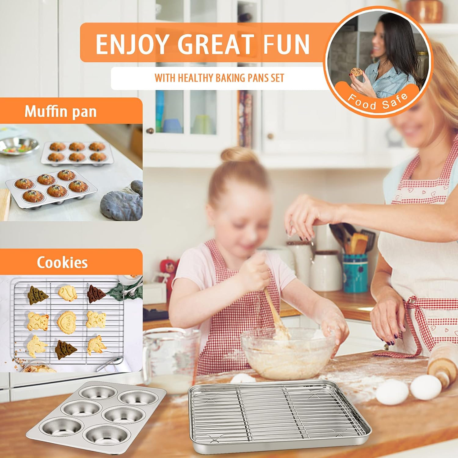 Toaster Oven Bakeware Set, E-Far 8-Piece Stainless Steel Small Baking Pan Set, Include 6-Inch Cake Pan/Rectangle Baking Pan/Cookie Sheet with Rack/Muffin/Loaf/Pizza Pan, Non-Toxic & Dishwasher Safe image number 4