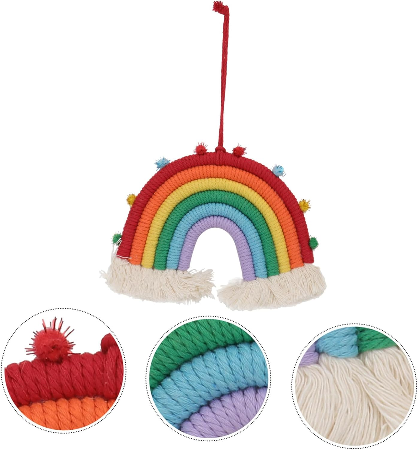 Ciieeo Colorful Rainbow Wall Hanging Tapestry Handmade Decorative Pendant Woven Craft for Baby Room Decor Red Color Ball image number 5