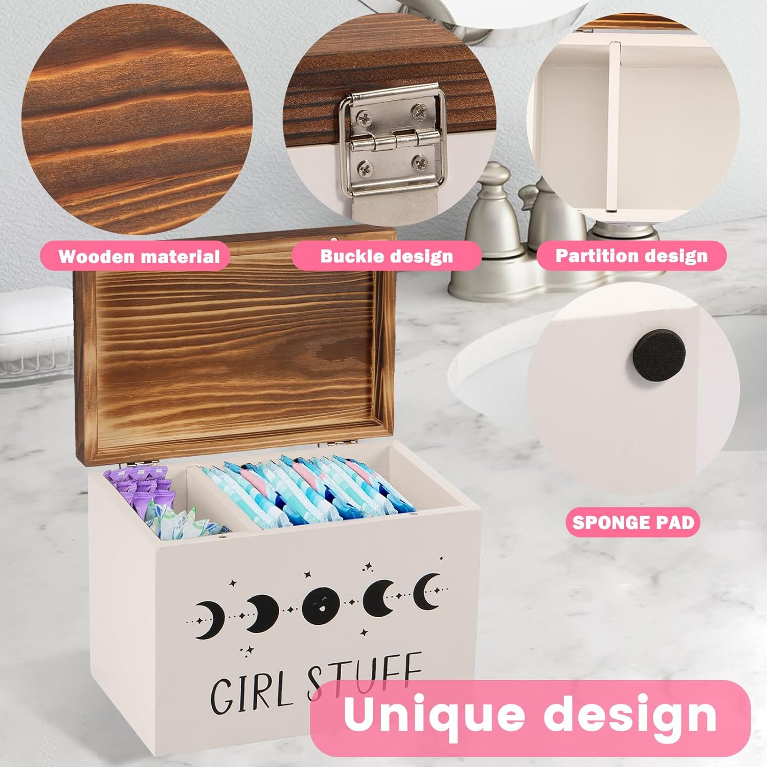 Wood Lady Stuff Storage Box, Lightweight Versatile Feminine Product Organizer, with Hinged Lid and Removable Divider, Tampon Holder and Pad Case for Bathroom Accessories image number 2
