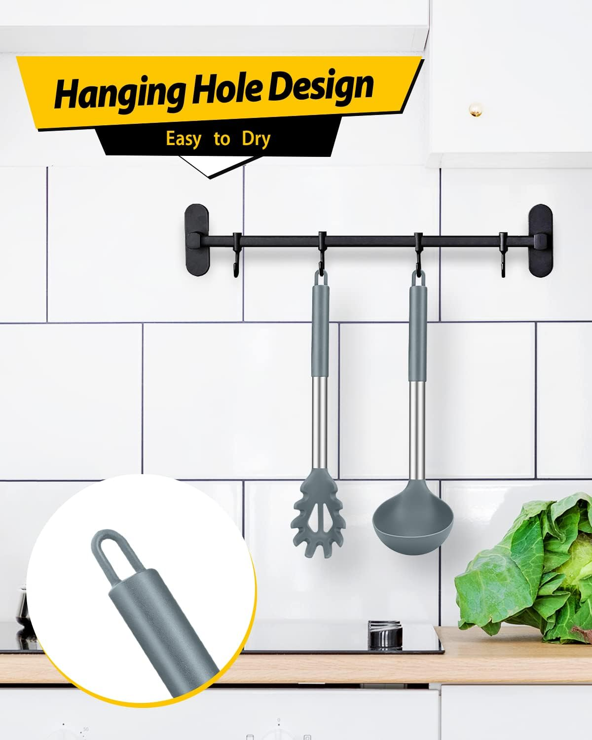 Silicone Pasta Fork and Ladle Spoon Set, Large Non Stick Kitchen Utensils for Cooking,Stirring,Serving Spaghetti, Soup, Sauce (GRAY) image number 7